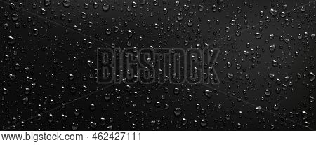 Condensation Water Drops On Black Window Background. Rain Droplets With Light Reflection On Dark Gla