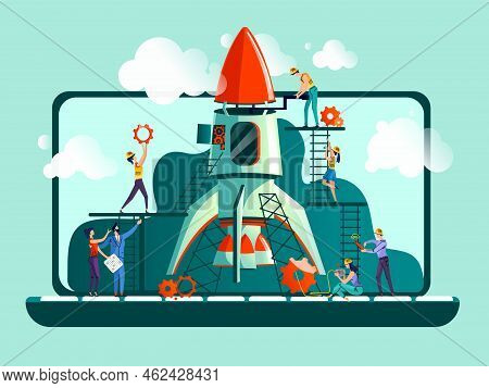 Business Start Up Concept Vector Illustration. Open Laptop, Rocket And Team Work On Control, On Sett