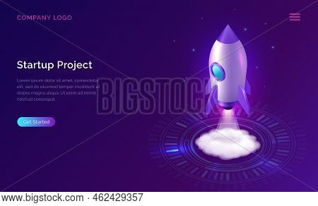 Business Start Up Isometric Concept Vector Illustration. Rocket Taking Off With Fire And Smoke Over 
