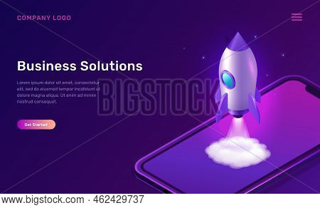 Business Start Up Isometric Concept Vector Illustration. Rocket Taking Off With Fire And Smoke Cloud