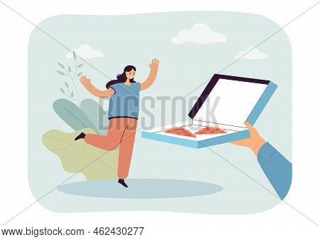 Hand Giving Pizza Slices To Happy Girl. Person Holding Open Cardboard Box With Fast Food For Tiny Wo