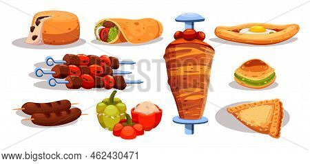 Turkish Cuisine Cartoon Illustration Set. Falafel, Kebab, Shawarma, Kofta Curry, Stuffed Peppers, Kh
