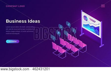 Business Training Or Ideas Isometric Concept Vector Illustration. Empty Class For Corporate Seminar,