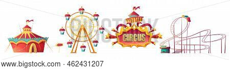 Amusement Park, Carnival Or Festive Fair Cartoon Vector Illustration. Rollercoaster, Circus Tent And