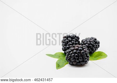 Three Blackberries And Leaves On A White Background.
