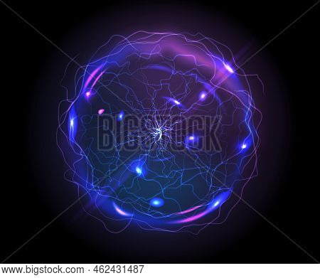Electric Ball Or Plasma Sphere, Realistic Vector Illustration. Abstractt Ball Lightning With Burning