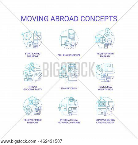 Moving Abroad Blue Gradient Concept Icons Set. Prepare To Love In Foreign Country Tips. Immigration 