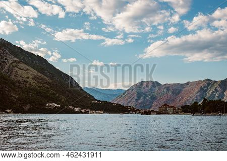 Amazing View Of Boko-kotor Bay, Montenegro. Beautiful Cloudy Sky. Travel Destination In Montenegro.