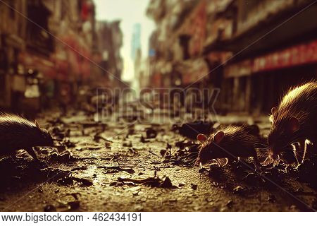 Infestation Of Houses In Urban Areas By Big Mouses, Bringing Epidemics. 3d Rendering And Scary Hallo