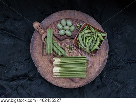 Composition Of Green Snacks In Assortment With Different Tastes And Different Shapes With Roasted Su