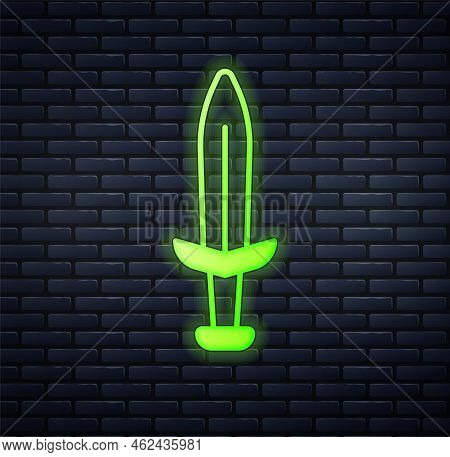Glowing Neon Medieval Sword Icon Isolated On Brick Wall Background. Medieval Weapon. Vector