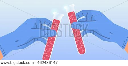 Scientist Hands Holding Test Tubes With Cultured Red Raw Meat Made From Animal Cells Artificial Lab 