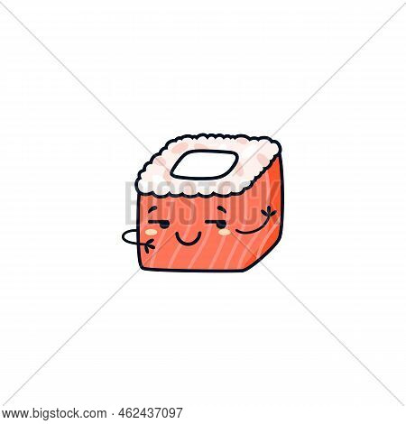 Maki Sushi Roll Cute Funny Character With Salmon Vector Illustration Isolated.