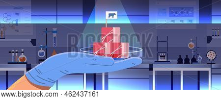 Scientist Hand Holding Cultured Red Raw Meat Made From Animal Cells Artificial Lab Grown Meat Produc