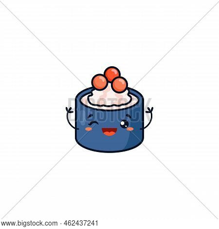 Maki Sushi Smiling Cartoon Character Doodle Vector Illustration Isolated.