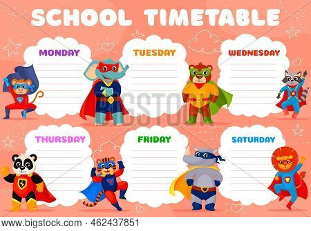 School Timetable Schedule, Cartoon Superhero Animal Characters In Super Hero Capes And Masks. Class 
