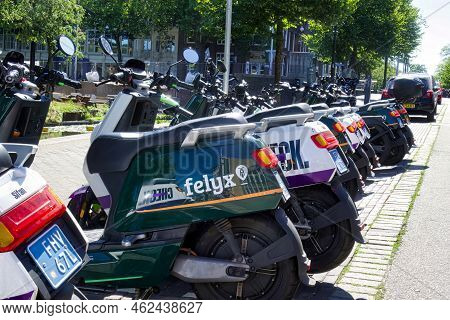 The Hague, Netherlands - August 09 2022: Stand Of Modern Scooter Rental And Share System On A City S