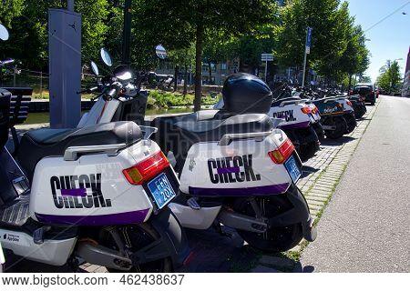 The Hague, Netherlands - August 09 2022: Stand Of Modern Scooter Rental And Share System On A City S