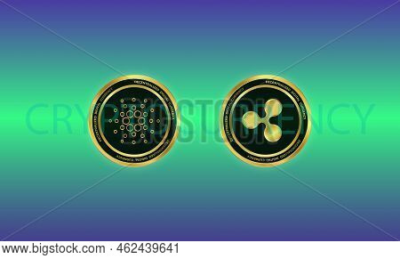 Cardano And The Ripplecoin Virtual Currency Logo. 3d Illustrations