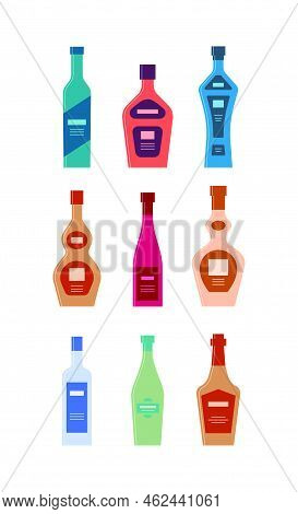 Set Bottles Of Vodka Rum Schnapps Tequila Wine Balsam Gin Vermouth Whiskey. Icon Bottle With Cap And