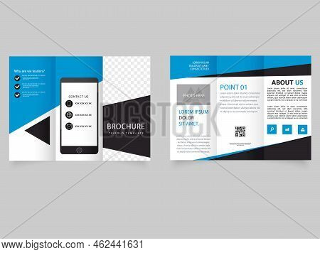 Trifold Blue And Gray Business Brochure Template. Mobile Phone. Modern Trifold Business Brochure Tem