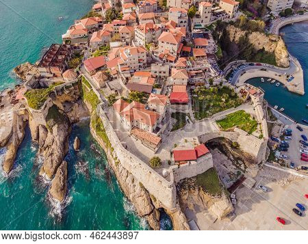 Amazing View On Ulcinj Town In Montenegro. Clock Tower Of Ulcinj Sahat Kulla. Lami Mosque. Ulcinj Is