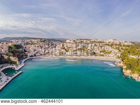 Amazing View On Ulcinj Town In Montenegro. Clock Tower Of Ulcinj Sahat Kulla. Lami Mosque. Ulcinj Is