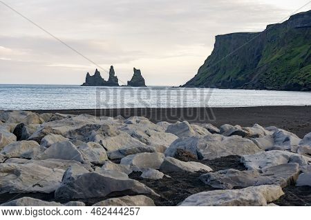Reynisdrangar Basalt Sea Stack Rocks In Late Afternoon Landscape In Iceland Near Vik I Myrdal