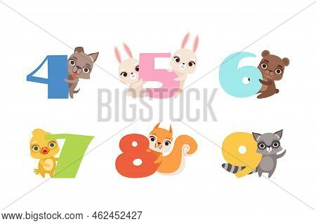 Numbers And Cute Animals Set. Birthday Anniversary Numbers With Dog, Bunny, Bear, Raccoon, Baby, Chi