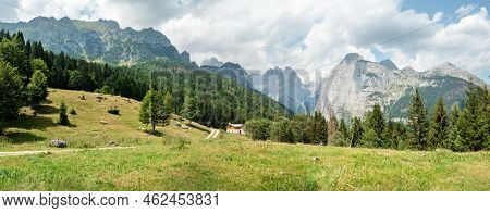 Mountain Cottage Panorama And Croz Of The Altissimo Mountain, Croz Dell'altissimo. Molveno, Region T