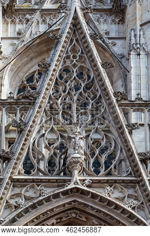 Rouen, France - August 31, 2019: This Is A Gothic Detail Of The Main Portal Of The Church Of Sant Ma