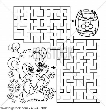 Maze Or Labyrinth Game. Puzzle. Coloring Page Outline Of Cartoon Little Bear Cub With Barrel Of Hone
