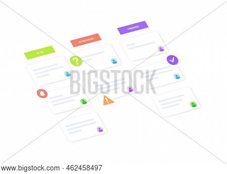 Kanban Board Methodology. Meeting Process, Cards With Tasks On Whiteboard, Teamwork Visualization In