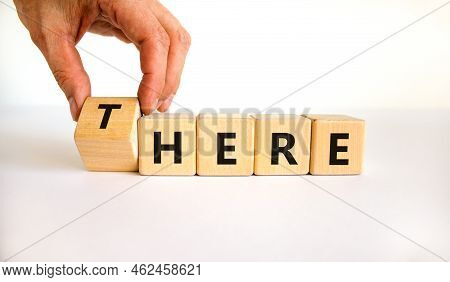 There Or Here Symbol. Businessman Turns A Wooden Cube, Changes The Word 'there' To 'here'. Beautiful