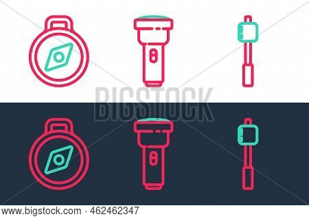 Set Line Marshmallow On Stick, Compass And Flashlight Icon. Vector