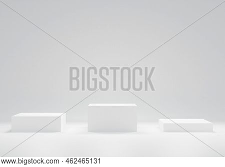 Three White Podiums 3d Rendering For Cosmetic Product  Presentation. Abstract Background. Modern Des