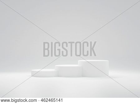 Three Podium Arranged In Ranking Ladder White Background. Cosmetic Product Display Stand Or Product 