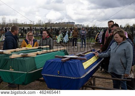 Bucha, Ukraine, 04-10-2022: Family And Friends Attend Funeral Of Reservist Soldiers Who Died During 