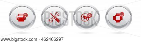 Set Line Printer Service, Crossed Screwdriver And Wrench, Cd Or Dvd Disk And Processor. Silver Circl
