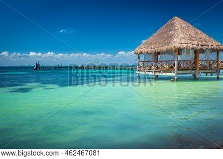 Cancun Idyllic Caribbean Beach And Gazebo Rustic Palapa, Riviera Maya, Mexico