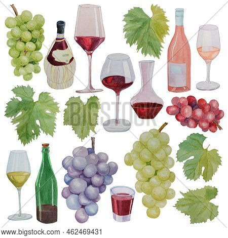 Watercolor Illustration Of Red, White And Rose Wine In Wine Glasses And Bottles. Watercolor Illustra