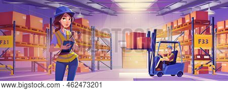 Warehouse Workers, Woman Wear Uniform With Clipboard In Hands And Loader On Forklift At Storehouse I