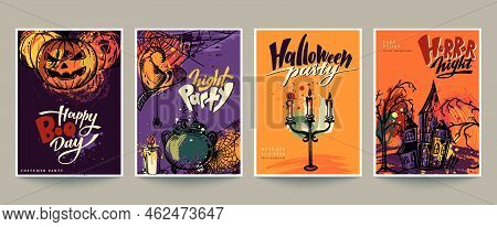 Set Of Four Vector Halloween Pre-made Cards Or Posters With Hand Drawn Elements And Abstract Texture