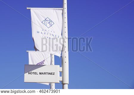 Cannes , Paca  France - 08 09 2022 : Martinez La Plage Sign Brand And Text Logo On Flag Beach Club A