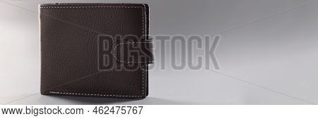 Close-up Of Brown Genuine Leather Wallet With Banknotes And Credit Card Inside. Stylish Minimal Mens