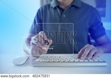 Businessman, Work From Home, Handling Documents, E-signing, Signing Digital Contracts Electronic Sig