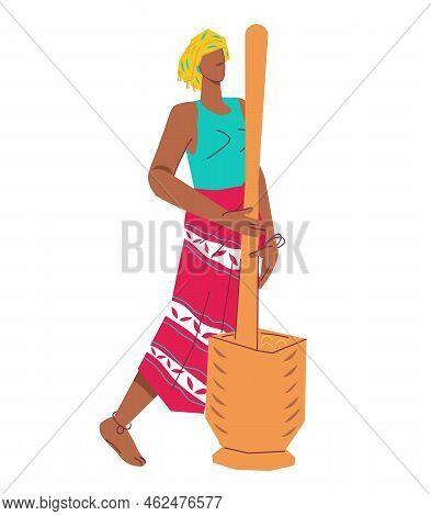 African Village Woman Crushing Fruits Or Grains In Mortar, Flat Cartoon Vector Illustration Isolated