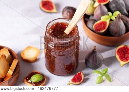 Autumn Preserves From Local Produce, Fig Jam Or Fig Marmalade On Light Grey Table With Fresh, Ripe F