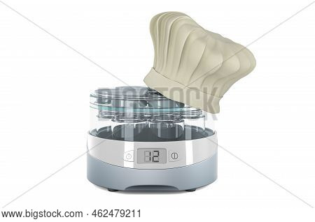 Automatic Yogurt Maker With Chefs Hat, Cooking Concept. 3d Rendering Isolated On White Background