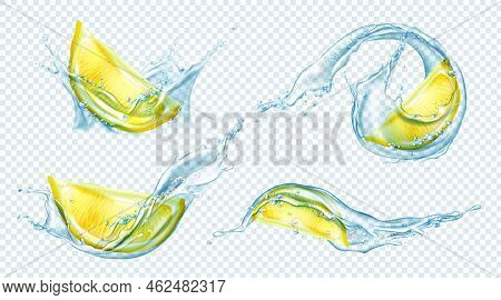 Lemon Slices In Water Splash. Vector Set Of Realistic Fresh Citrus Pieces With Clear Juice Or Lemona